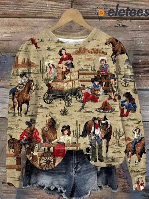 Women’s Retro Cowgirl Print Crew Neck Sweatshirt