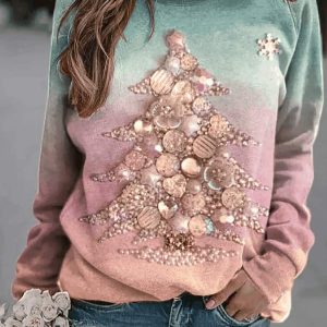 Women’s Shiny Button Christmas Tree Print Sweatshirt