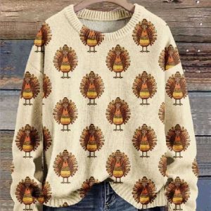 Women’s Thanksgiving Turkey Art Print Knit Pullover Sweater