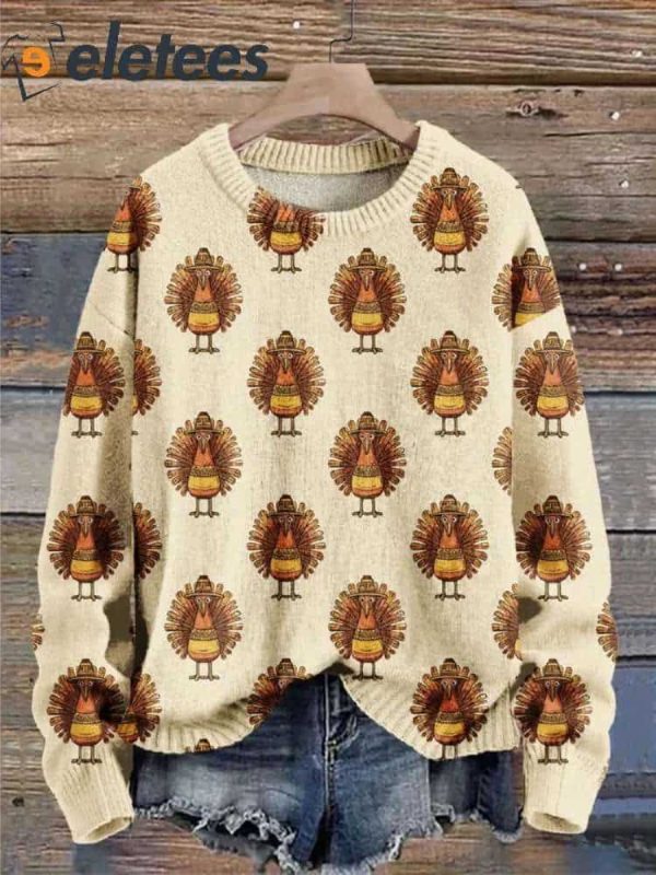 Women’s Thanksgiving Turkey Art Print Knit Pullover Sweater