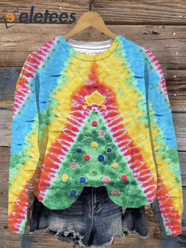 Women’s Tie-dye Colorful Christmas Tree Print Sweatshirt