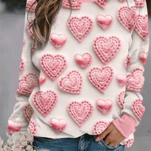 Women’s Valentine’s Day Pink Heart Embroidered Print Sweatshirt