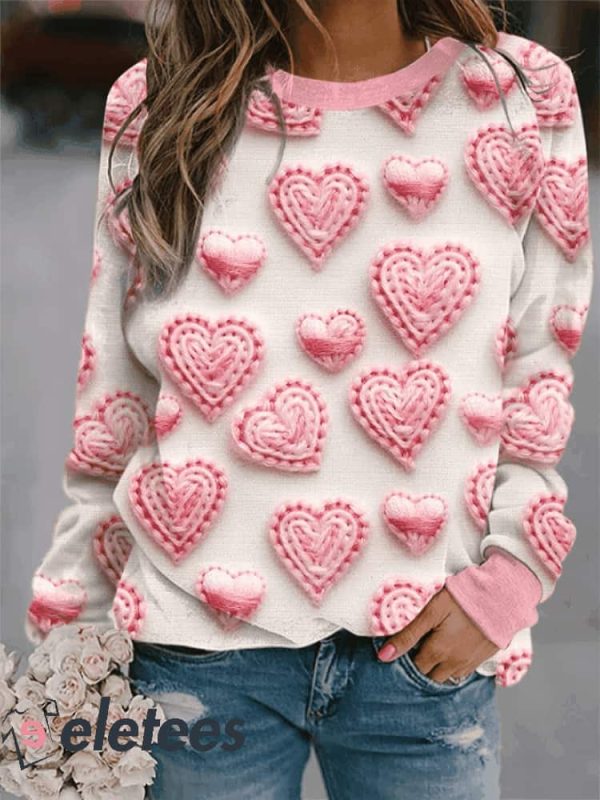Women’s Valentine’s Day Pink Heart Embroidered Print Sweatshirt