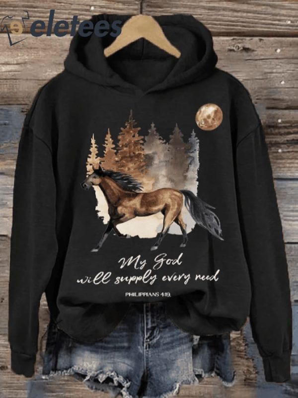 Women’s Western Faith My God Will Supply Every Need Horse Printed Hoodie