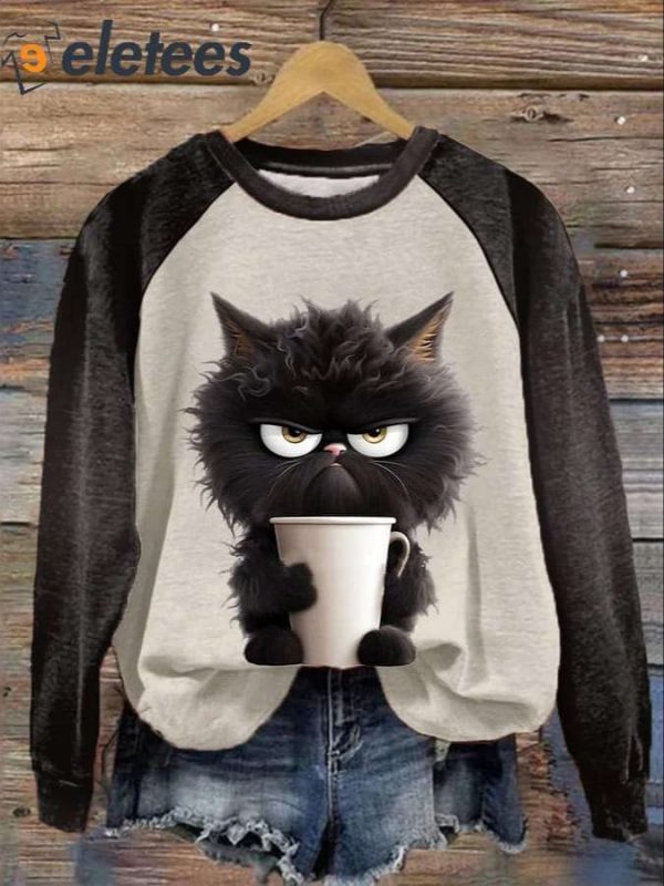 Women’s Winter Funny Cute Wonderland Clothing Clipart Cat Coffee Printed Sweatshirt
