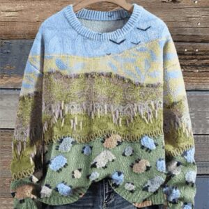 A Flock Of Rainbow Colored Sheep In The Meadow Print Knit Pullover Sweater