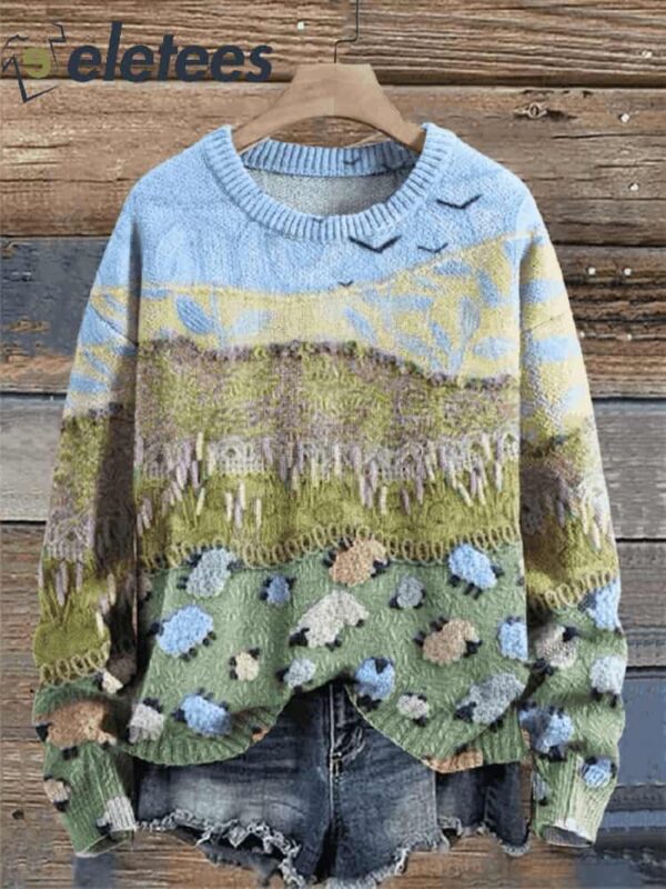 A Flock Of Rainbow Colored Sheep In The Meadow Print Knit Pullover Sweater