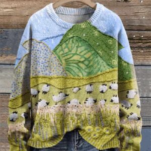 A Group Of Sheep In The Meadow Print Knit Pullover Sweater