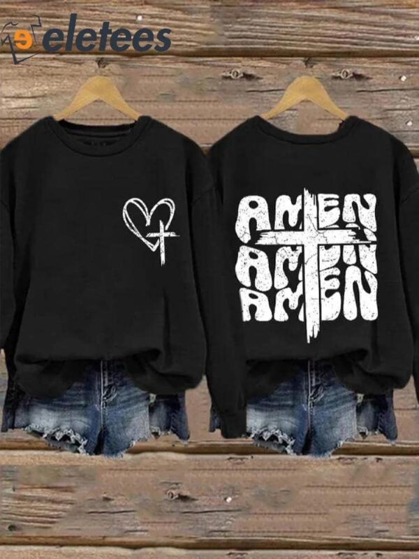 Amen Faith Cross Art Print Pattern Casual Sweatshirt