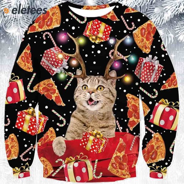 Antlers Cat Pizza Ugly Christmas Sweater