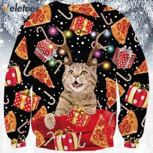 Antlers Cat Pizza Ugly Christmas Sweater 2