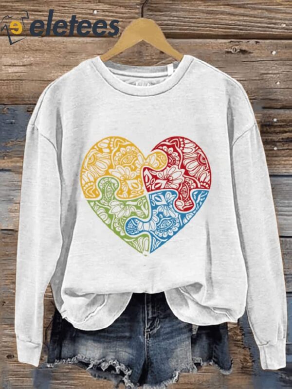 Autism Accept Love Mandala Puzzle Piece Autism Awareness Casual Print Sweatshirt