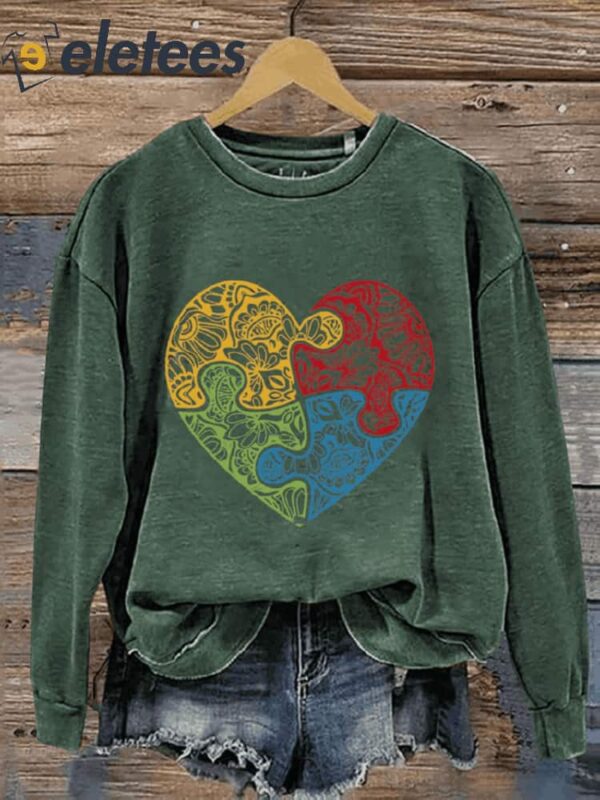 Autism Accept Love Mandala Puzzle Piece Autism Awareness Casual Print Sweatshirt