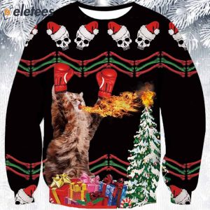 Boxing Cat And Fire Ugly Christmas Sweater
