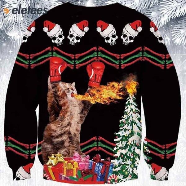 Boxing Cat And Fire Ugly Christmas Sweater