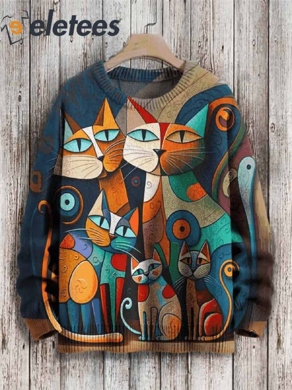 Cat Art Print Knit Pullover Sweater