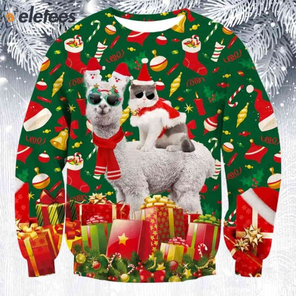 Cat Riding Alpaca With Glasses Ugly Christmas Sweater