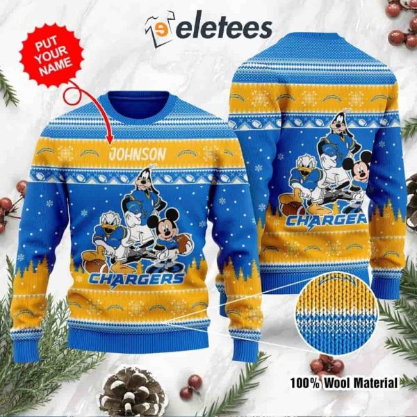 Chargers Donald Duck Mickey Mouse Goofy Personalized Knitted Ugly Christmas Sweater