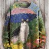 Cute Cat Art Print Knit Pullover Sweater