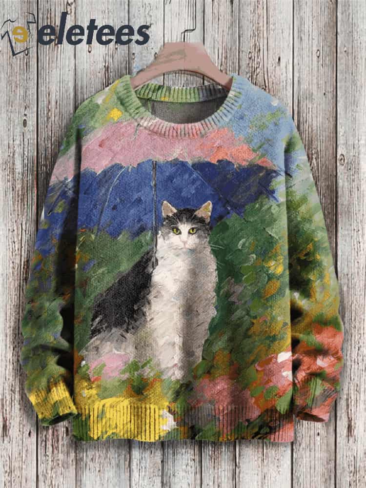 Cute Cat Art Print Knit Pullover Sweater