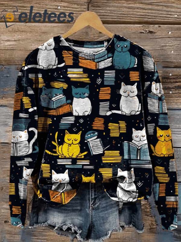 Cute Cats Reading Books Art Print Pattern Casual Sweatshirt