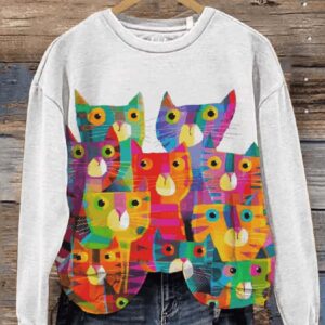 Cute Crowded Cats Art Print Pattern Casual Sweatshirt1