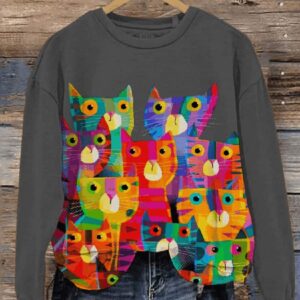 Cute Crowded Cats Art Print Pattern Casual Sweatshirt2