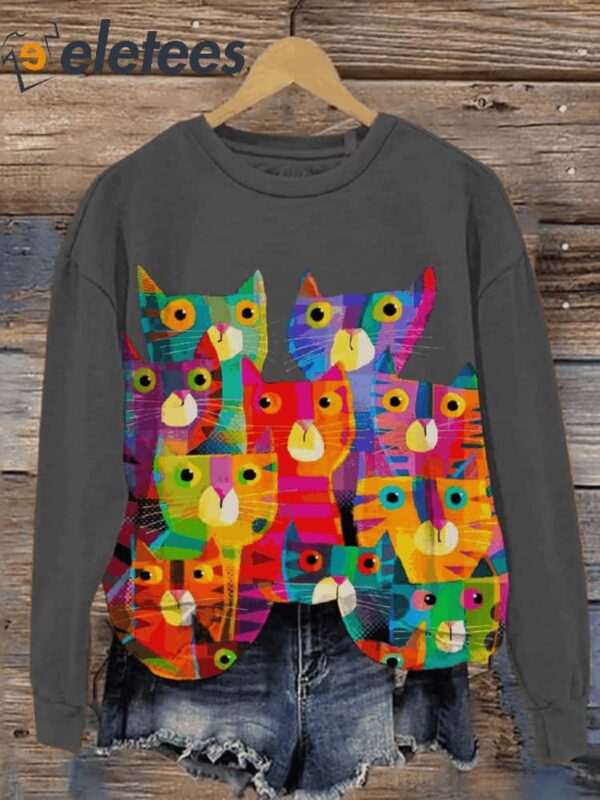 Cute Crowded Cats Art Print Pattern Casual Sweatshirt