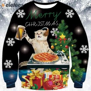 DJ Cat Pizza Beer Ugly Christmas Sweater