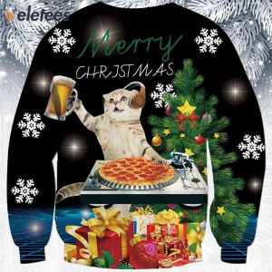 DJ Cat Pizza Beer Ugly Christmas Sweater 2