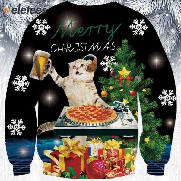 DJ Cat Pizza Beer Ugly Christmas Sweater