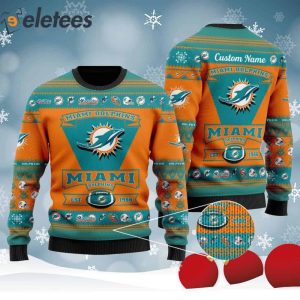 Dolphins Football Team Logo Custom Name Knitted Ugly Christmas Sweater