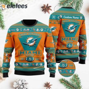 Dolphins Football Team Logo Custom Name Knitted Ugly Christmas Sweater1