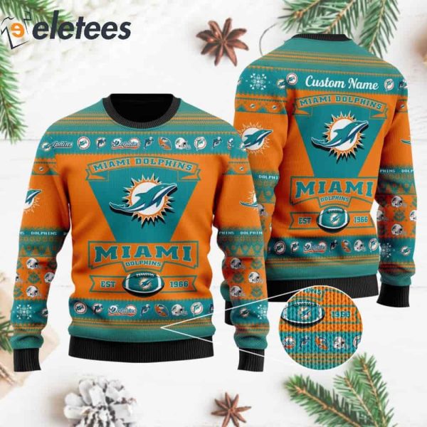 Dolphins Football Team Logo Custom Name Knitted Ugly Christmas Sweater