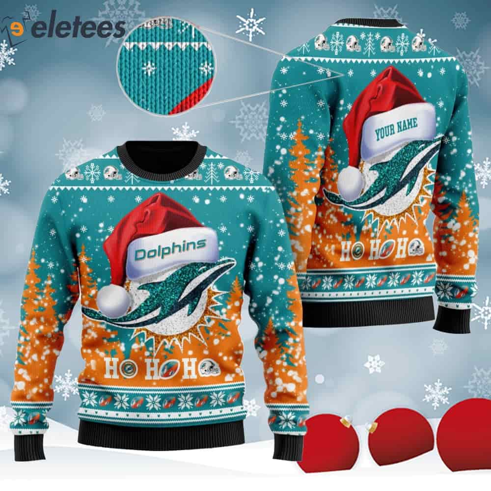 https://eletees.com/wp-content/uploads/2023/12/Dolphins-Symbol-Wearing-Santa-Claus-Hat-Ho-Ho-Ho-Custom-Personalized-Knitted-Ugly-Christmas-Sweater.jpg