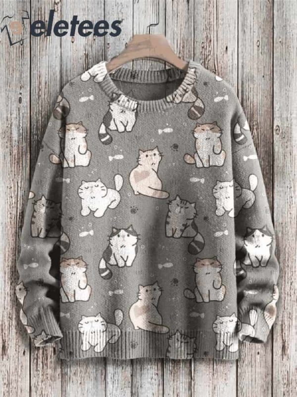 Funny Cat Print Knit Pullover Sweater