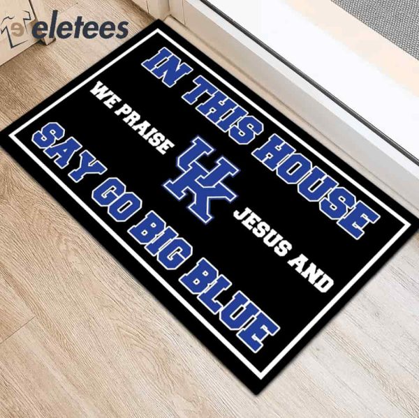 In This House We Praise Jesus and Say Go Big Blue Doormat