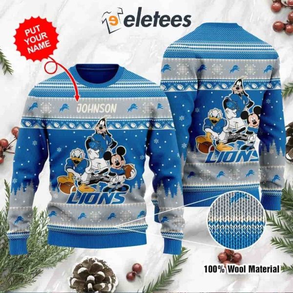 Lions Donald Duck Mickey Mouse Goofy Personalized Knitted Ugly Christmas Sweater