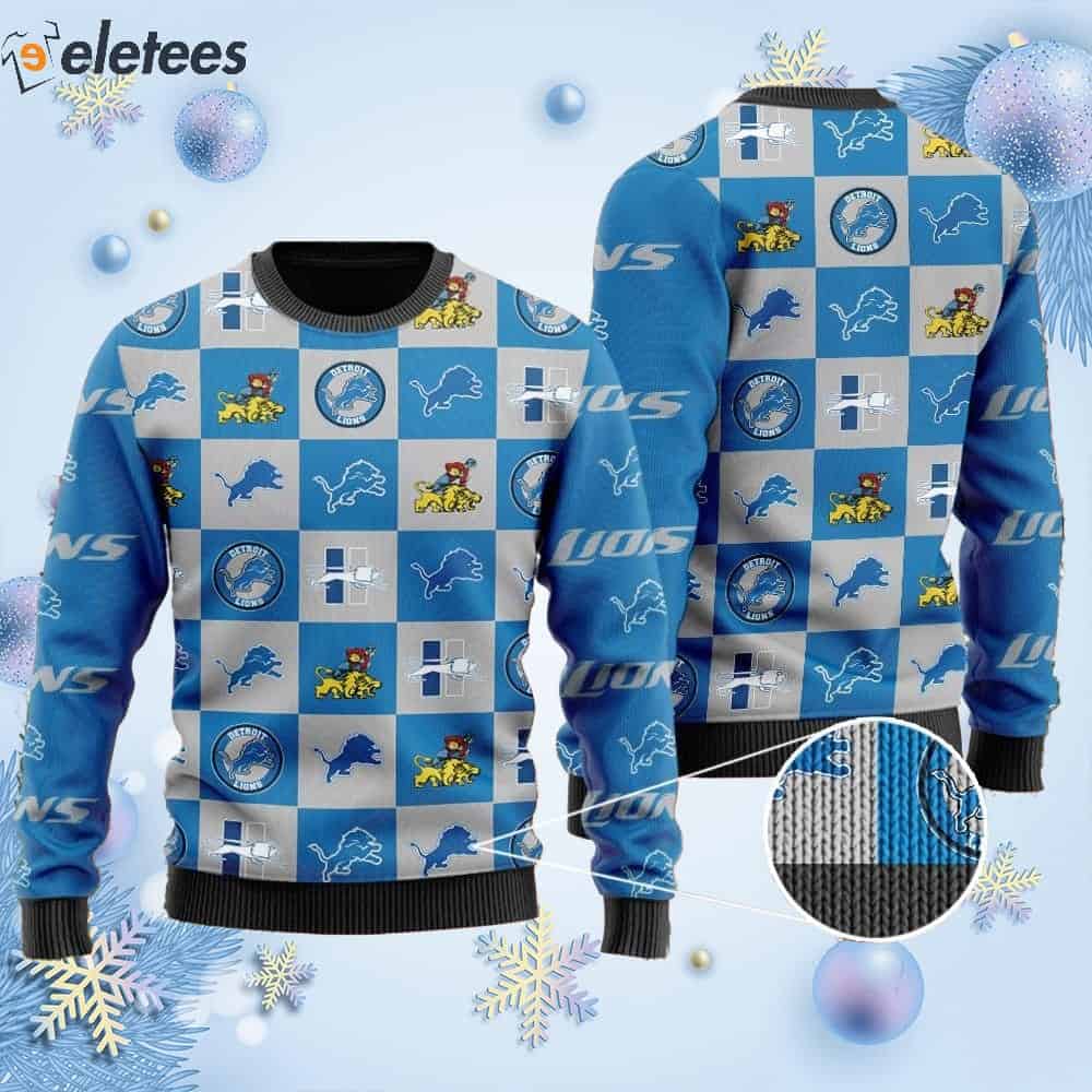 Lions Logo Checkered Flannel Design Knitted Ugly Christmas Sweater