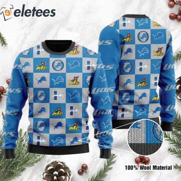 Lions Logo Checkered Flannel Design Knitted Ugly Christmas Sweater