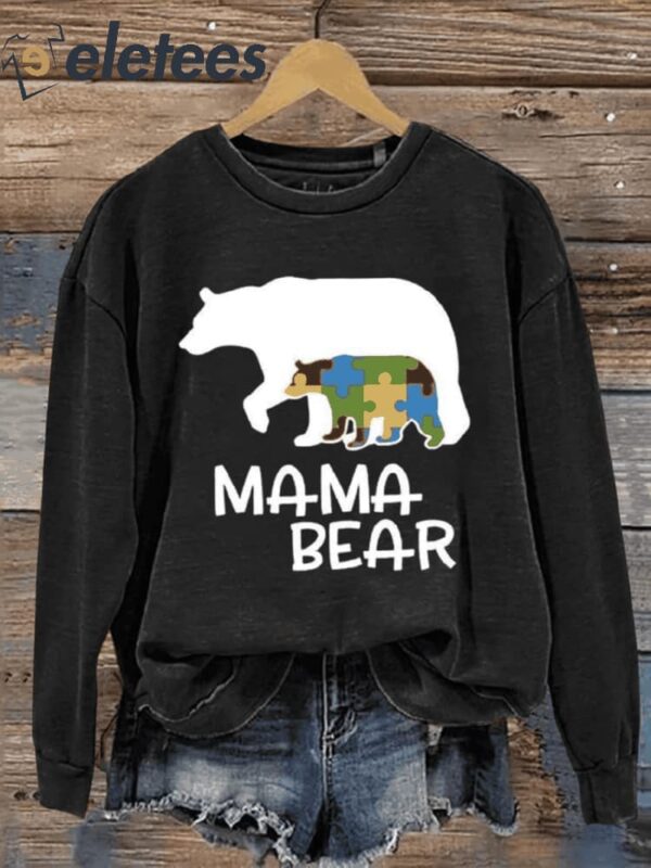 Mama Bear Autism Awareness Art Print Pattern Casual Sweatshirt