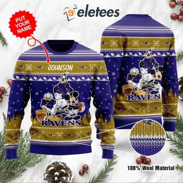 Ravens Donald Duck Mickey Mouse Goofy Personalized Knitted Ugly Christmas Sweater