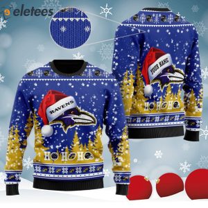 Ravens Symbol Wearing Santa Claus Hat Ho Ho Ho Custom Personalized Knitted Ugly Christmas Sweater