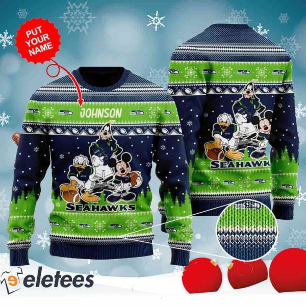 Seahawks Donald Duck Mickey Mouse Goofy Personalized Knitted Ugly Christmas Sweater