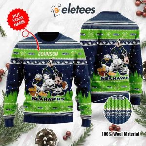 Seahawks Donald Duck Mickey Mouse Goofy Personalized Knitted Ugly Christmas Sweater1