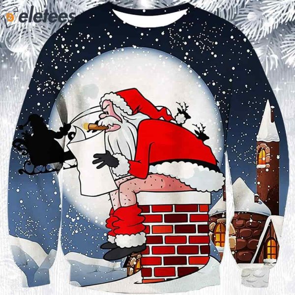 Smoking Santa Pooping Chimney Ugly Christmas Sweater