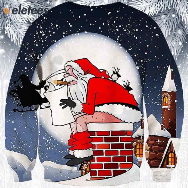 Smoking Santa Pooping Chimney Ugly Christmas Sweater