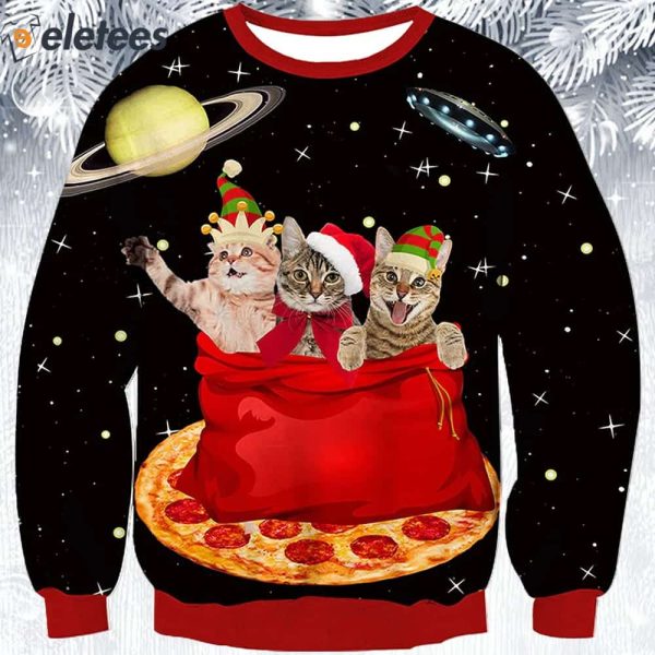 Space Pizza Cats Ugly Christmas Sweater