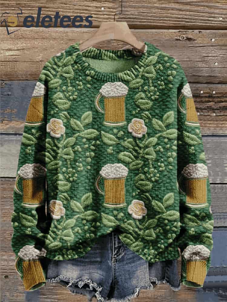 St. Patrick's Day Gift Beer And Flowers Art Print Knit Pullover Sweater