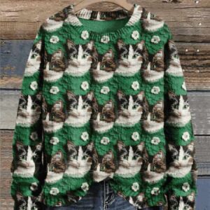 St. Patrick’s Day Gift Cat Animal Art Print Knit Pullover Sweater